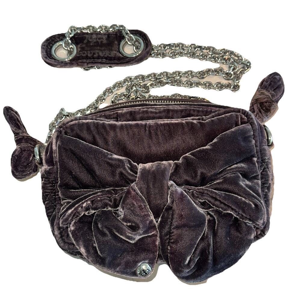 AUTH Y2K Vintage Juicy Couture Velvet Bow Crossbody Shoulder Bag Velour Grey